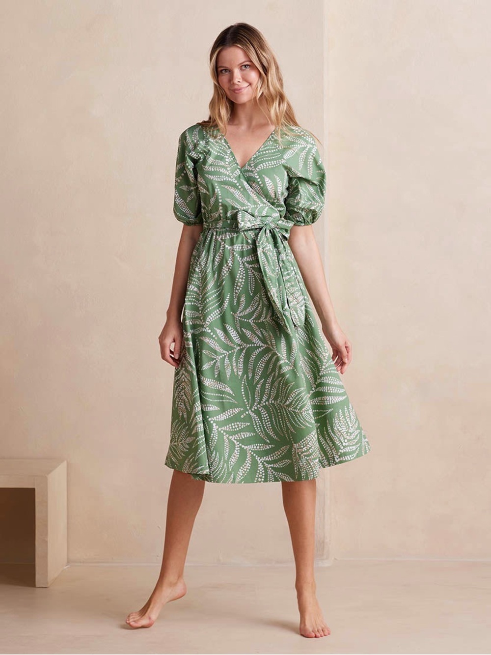 Summersalt The Coastal Poplin Green Floral Puff Sleeve Wrap Midi Dress Small